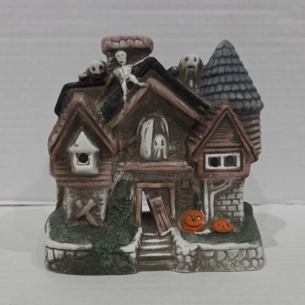 Ceramic Haunted House Tea Light Holder Halloween Skeleton Ghost Spooky Decor